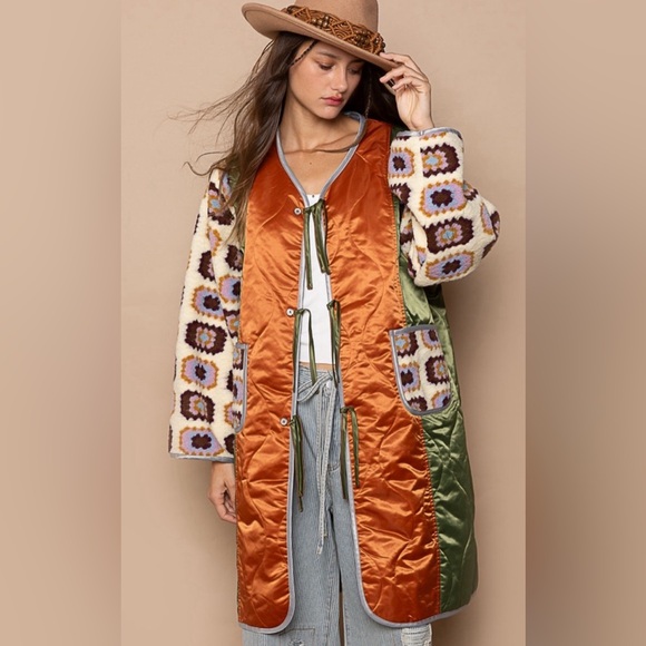 POL Sweaters - #027 Last 1!! M/L POL cardigan in quilted woven with textured knit patch point